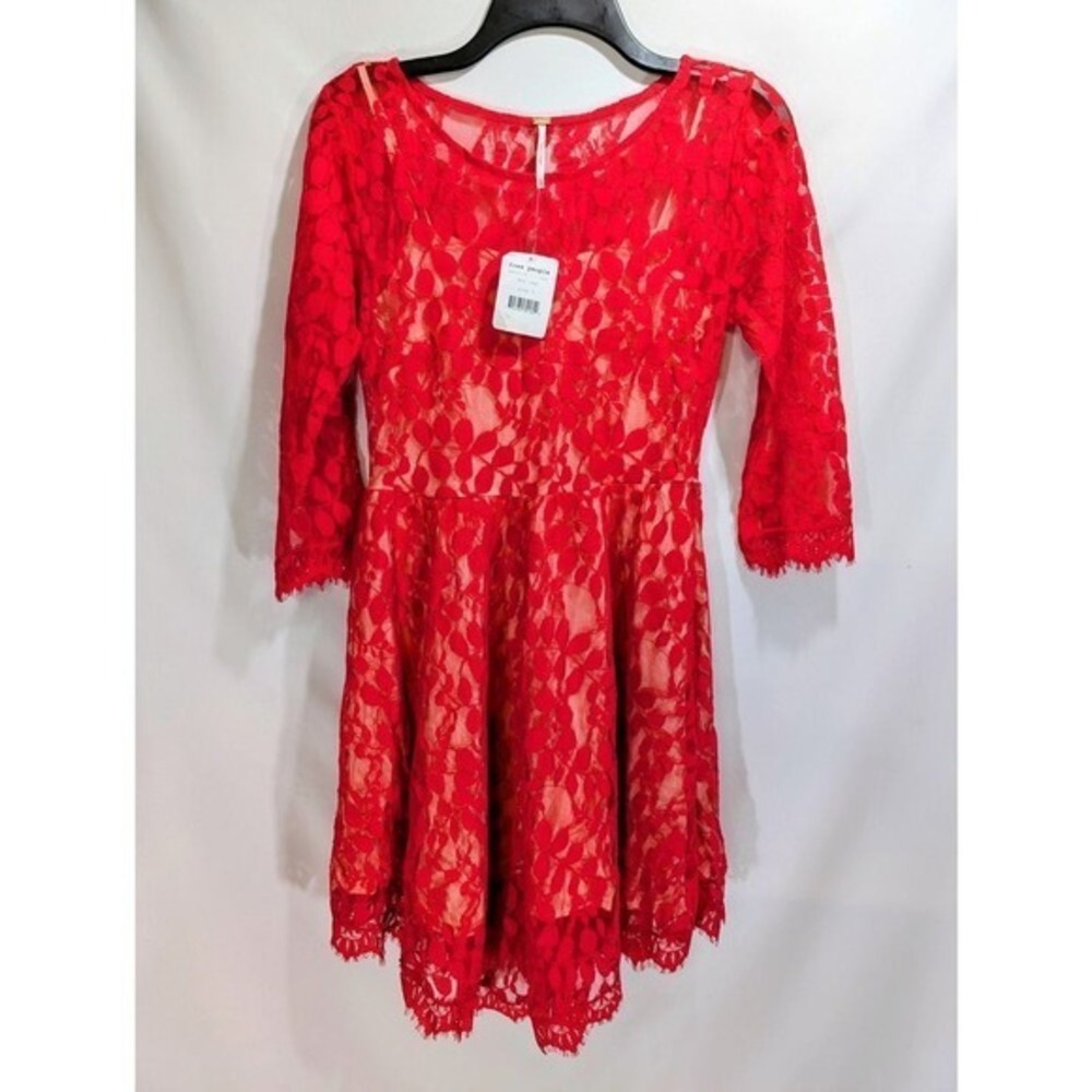 Free People Hot Red Lace‎ Fit & Flare Dress Size 4 NWT